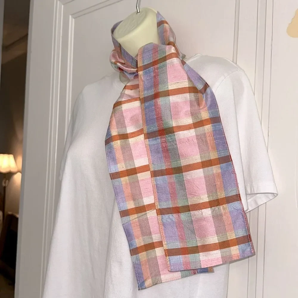 Vintage Gary Gail Accessories Dallas Multi‎ Color Plaid Shantung Silk Long Scarf